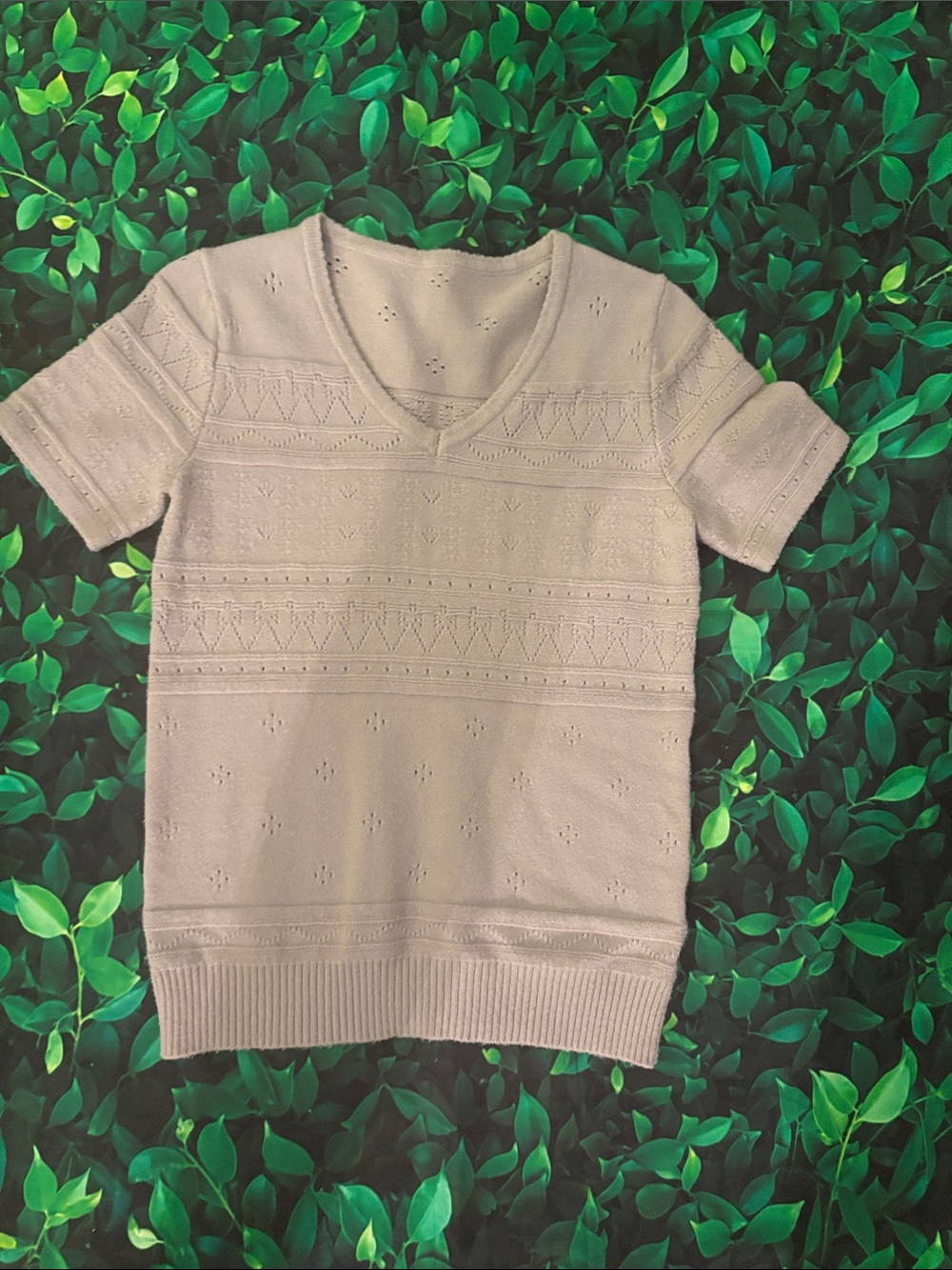Light Gray Short-Sleeve Knit Top - Classic Eyelet Pattern